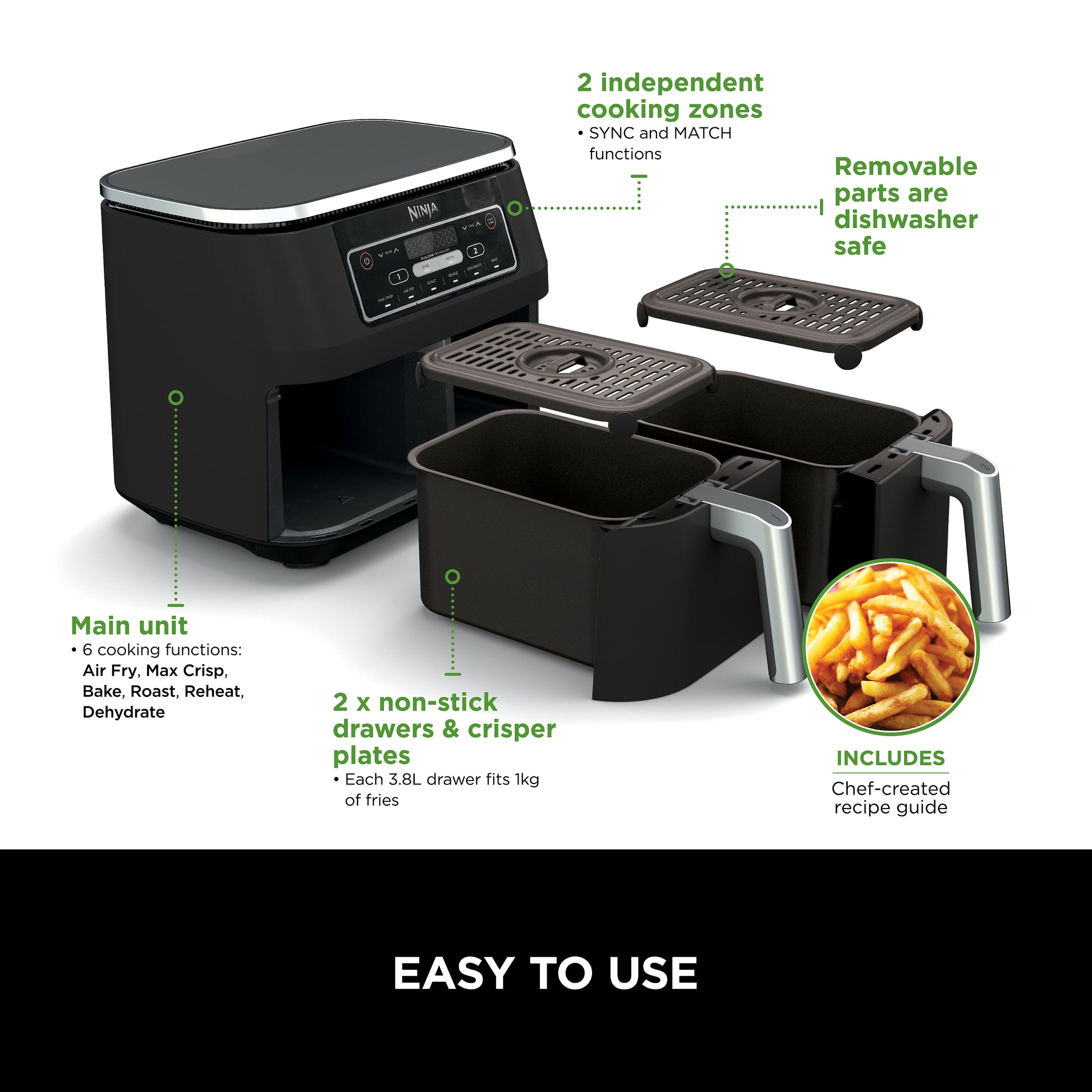 Ninja Foodi Dual Zone Air Fryer 7.6L Black AF300ME